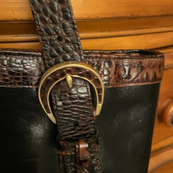 Brahmin Vintage Black/Pecan Crocodile Leather Trim Shoulder Bag Medium Zip Tote - Picture 4 of 15